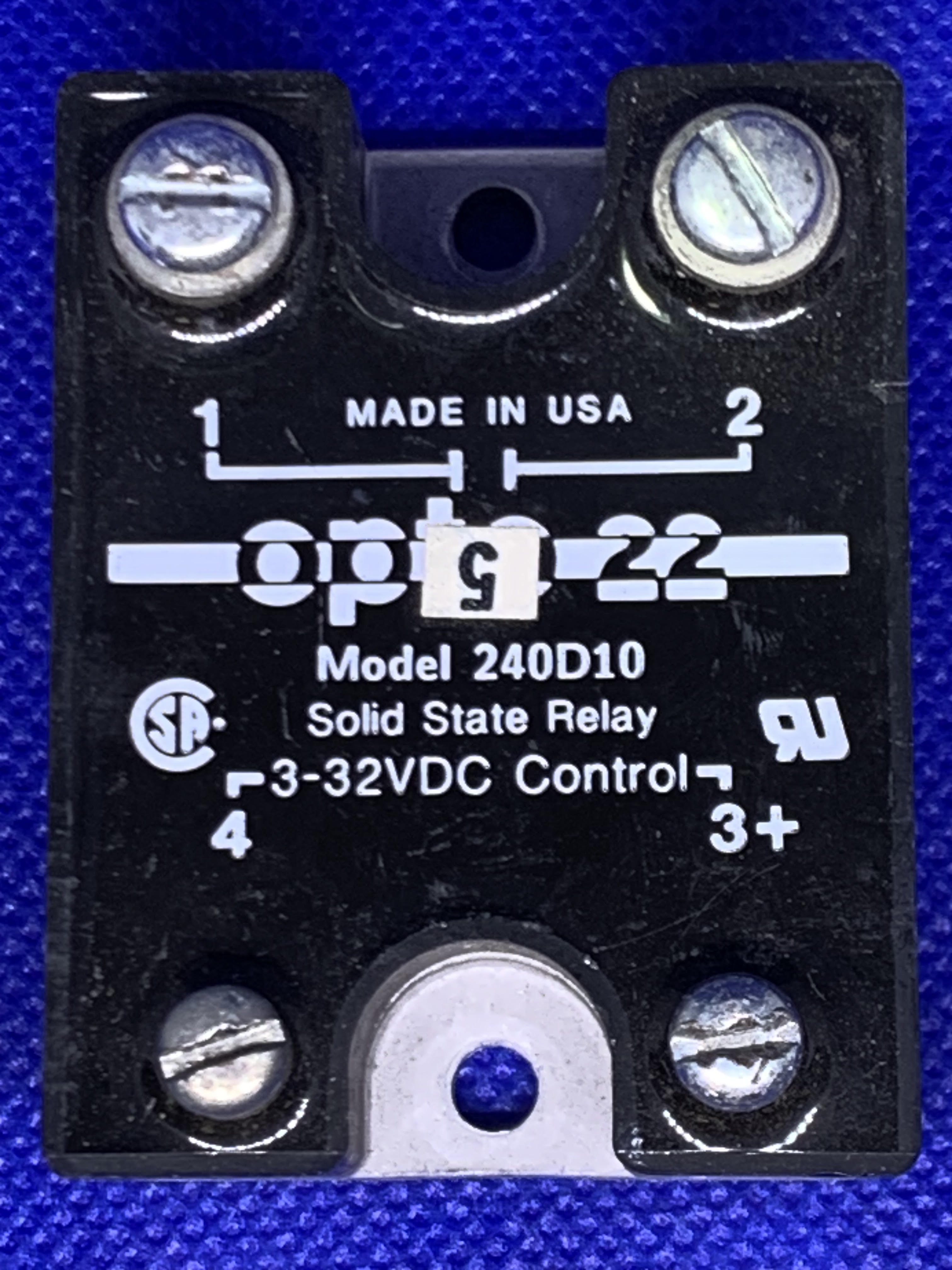 Used OPTO 22 USA made Solid State Relay, 240D10, 240 VAC, 3-32 VDC,10 amp - EcoTech Solutions Inc.