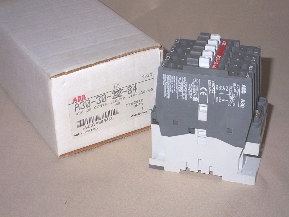 ABB, A30-30-10-84, 3 Pole, 34 Amps, 120VAC Coil, IEC Rated Contactor