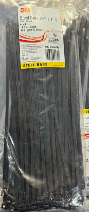 3M STEEL BARB CABLE TIE CTSB11BK50-C, BLACK, 11 INCH, 50 LB, 100/BAG