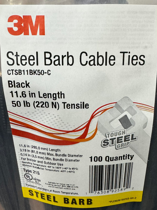 3M STEEL BARB CABLE TIE CTSB11BK50-C, BLACK, 11 INCH, 50 LB, 100/BAG