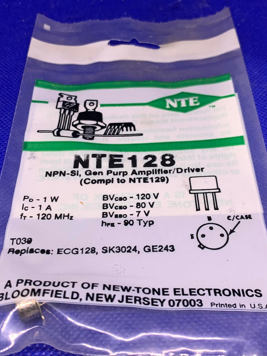 NTE Electronics NTE128 NPN Silicon Complementary Transistor for Audio Output, Video, Driver, TO-39 Case, 1A Continuous Collector Current