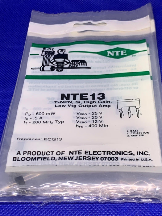 NTE13 T-NPN, Si, High Gain, Low Vtg Output Amp (replaces ECG13)