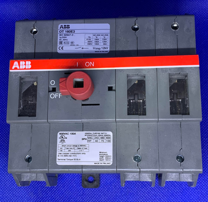 ABB OT160E3 100A AMP 600V-AC 3P Non-FUSIBLE Disconnect Switch