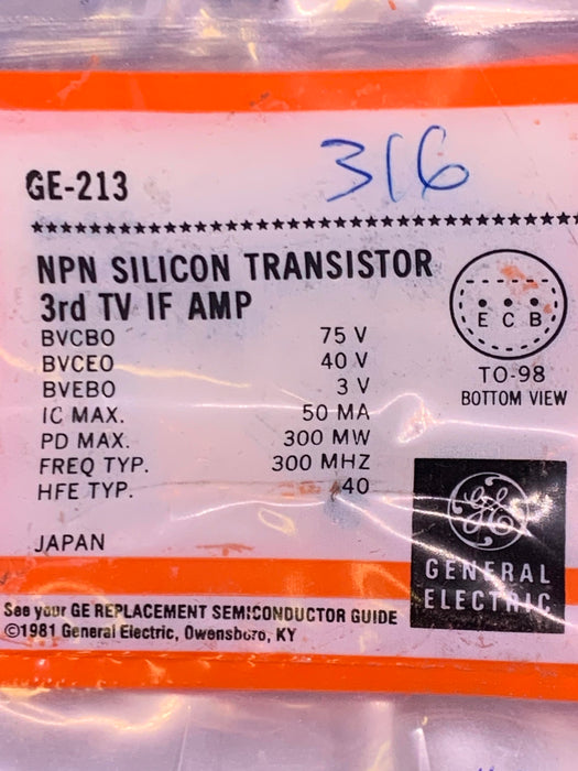 GE-213 NPN Silicon Transistor 3rd TV IF AMP 3PIN TO-98