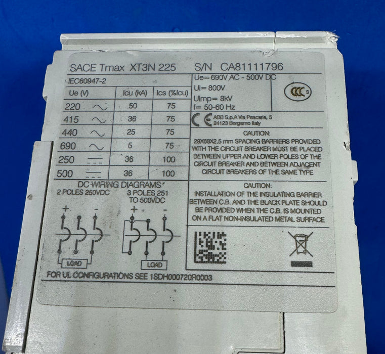 ABB SACE Tmax XT3N 225 XT3N225 Circuit Breaker (Missing Face Plate)