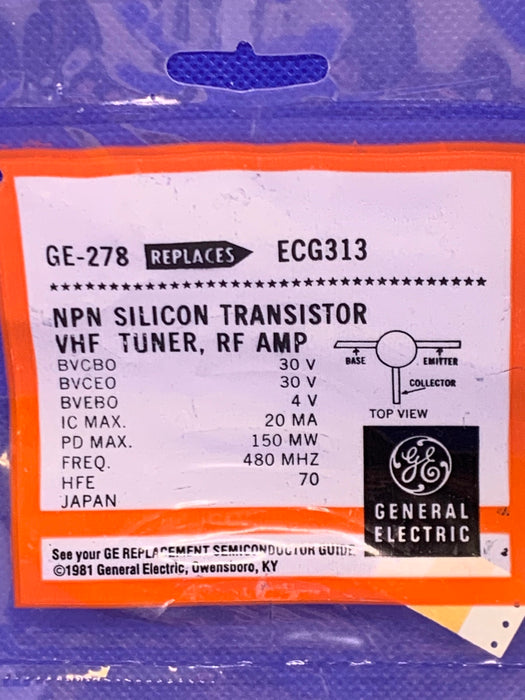 GE-278 NPN Silicon Transistor VHF Tuner, RF AMP (replaces ECG313)