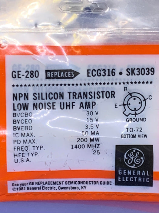 GE-280 NPN Silicon Transistor Low Noise UHF AMP (Replaces ECG316, SK3039)