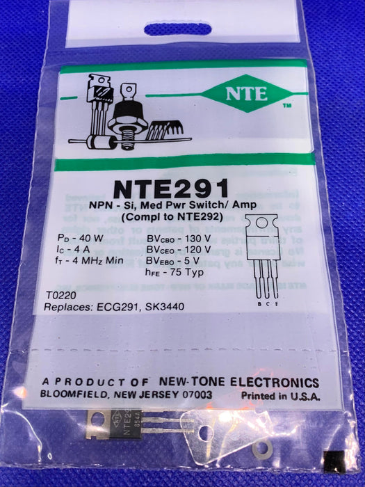 NTE Electronics NTE291 NPN Silicon Complementary Transistor, Medium Power, Switch, 130V, 4 Amp