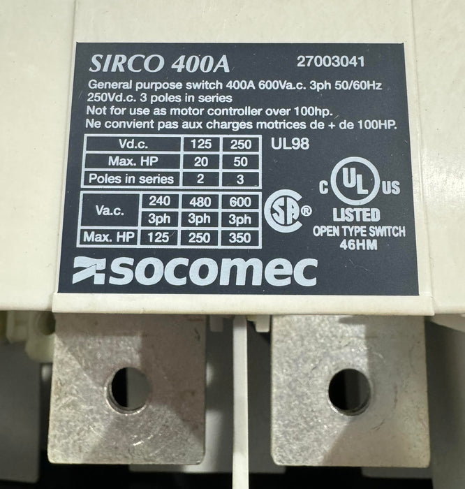 27003041 SIRCO SERIES AC DISCONNECT SWITCH, NON-FUSIBLE, 3P 400A (no handle)