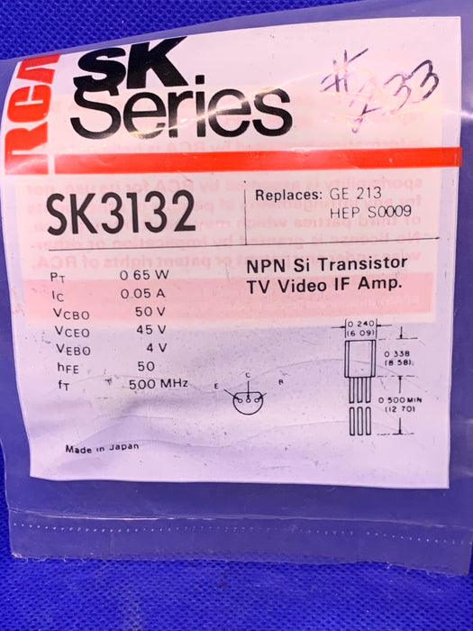 RCA SK3132 NPN Si Transistor TV Video IF Amp (replaces GE-213, NTE233)