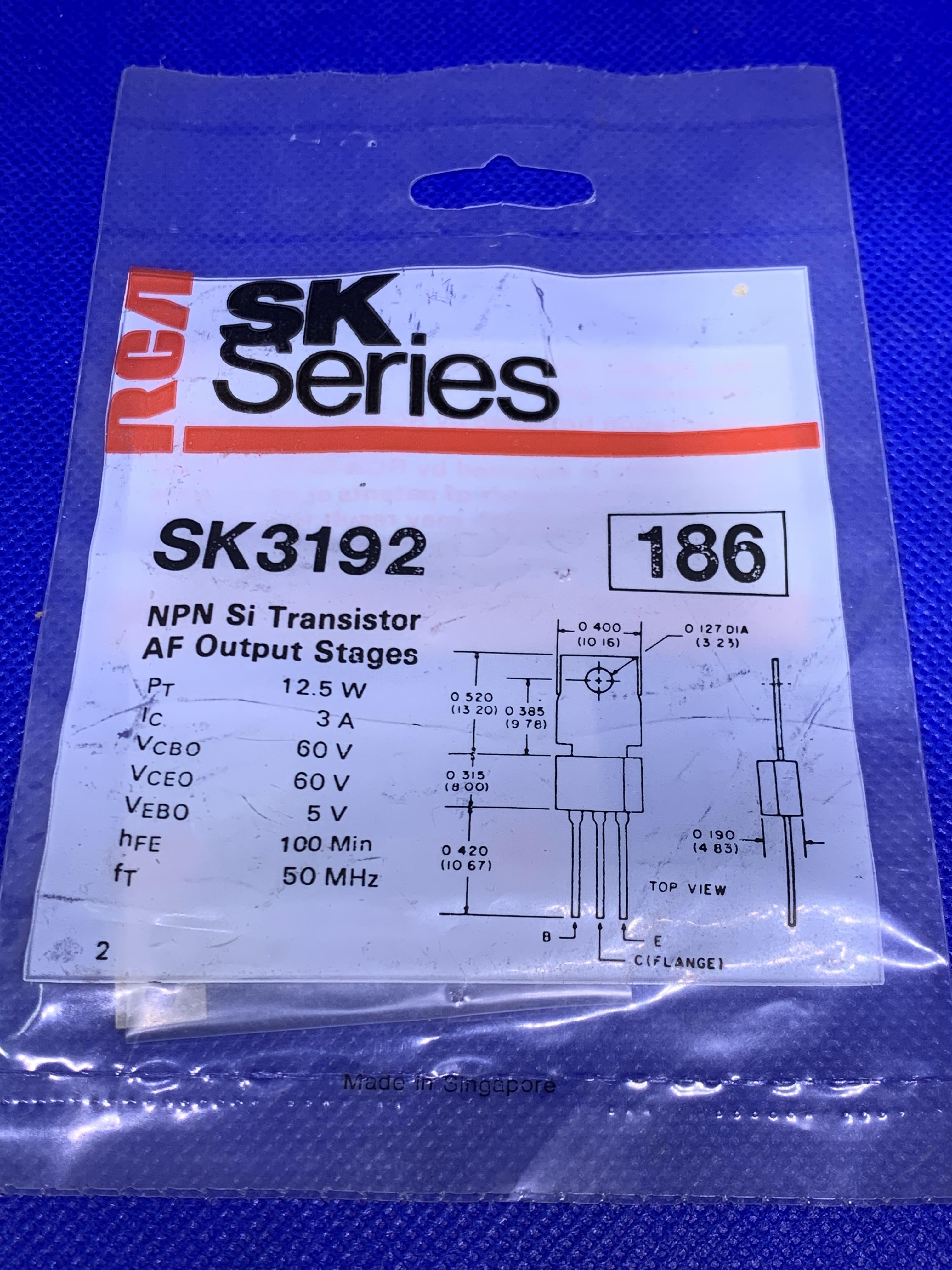 Etapas de salida AF del transistor Si NPN RCA SK3192 (reemplaza a NTE186, ECG186, GE-28)
