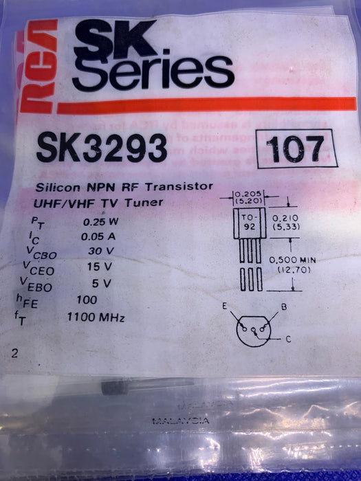 RCA SK3293 Silicon NPN RF Transistor (replaces NTE107, ECG107, GE-86)