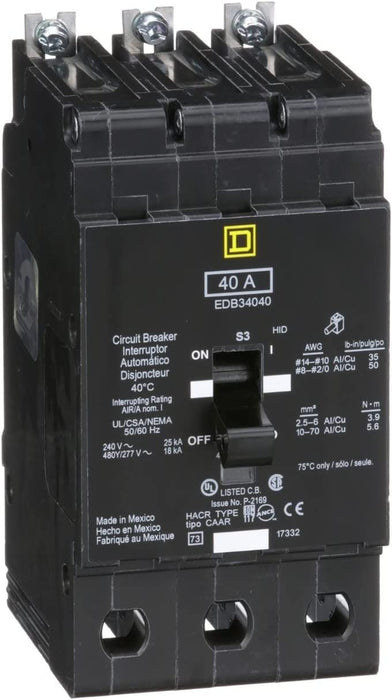 SCHNEIDER ELECTRIC 480Y/277-VOLT 40-AMP EDB34040 Miniature Circuit Breaker 480Y/277V 40A, Black