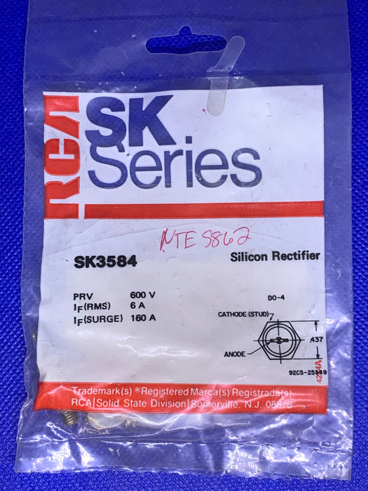 RCA SK3584 Silicon Rectifier 600V, 6AMP, DO-4 (also works for NTE5862)