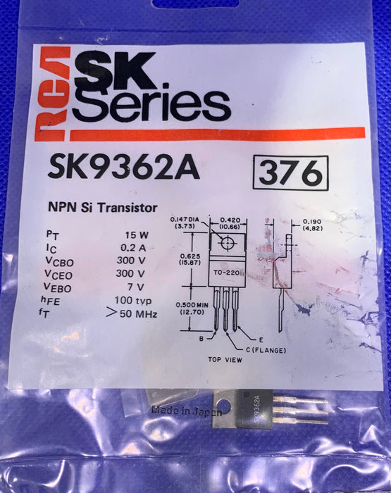 RCA SK9362A NPN Si Transistor 15W 300V 0.2A (replaces ECG376, NTE376)