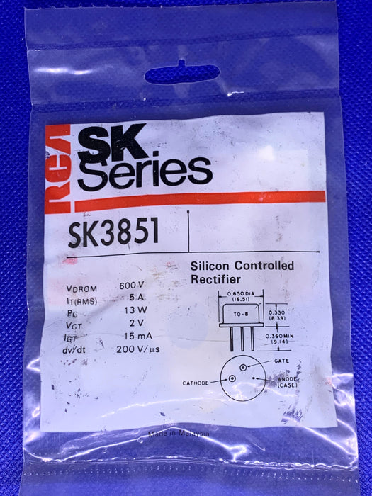 RCA SK3851 Silicon Controlled Rectifier 600V 5A 13W (replaces NTE5429)