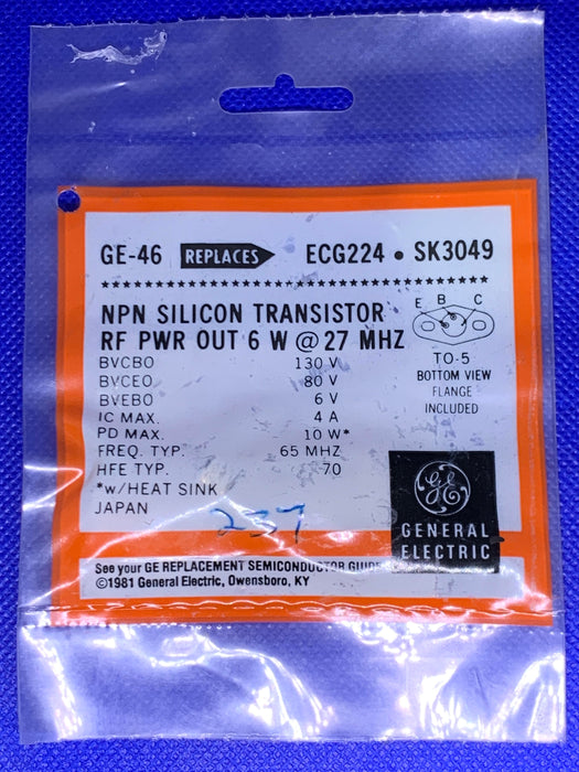 GE-46 NPN Silicon Transistor (replaces NTE224/ECG224/SK3049)