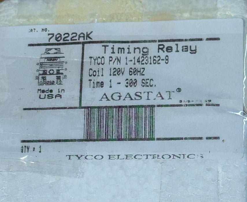 Agastat 7022AK Tyco P/N 1-1423162-9 Timing Relay Coil 120V 60Hz Time 1-300 Sec.