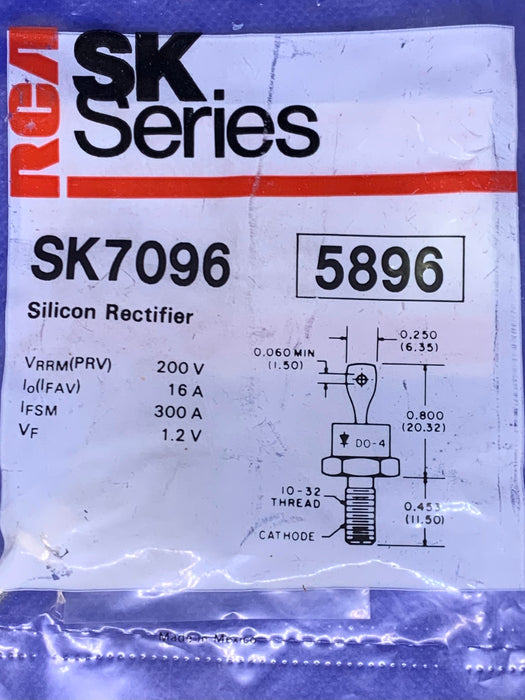 RCA SK7096 (NTE5896 NTE ECG5896) Silicon Rectifier 200V 16A DO-4