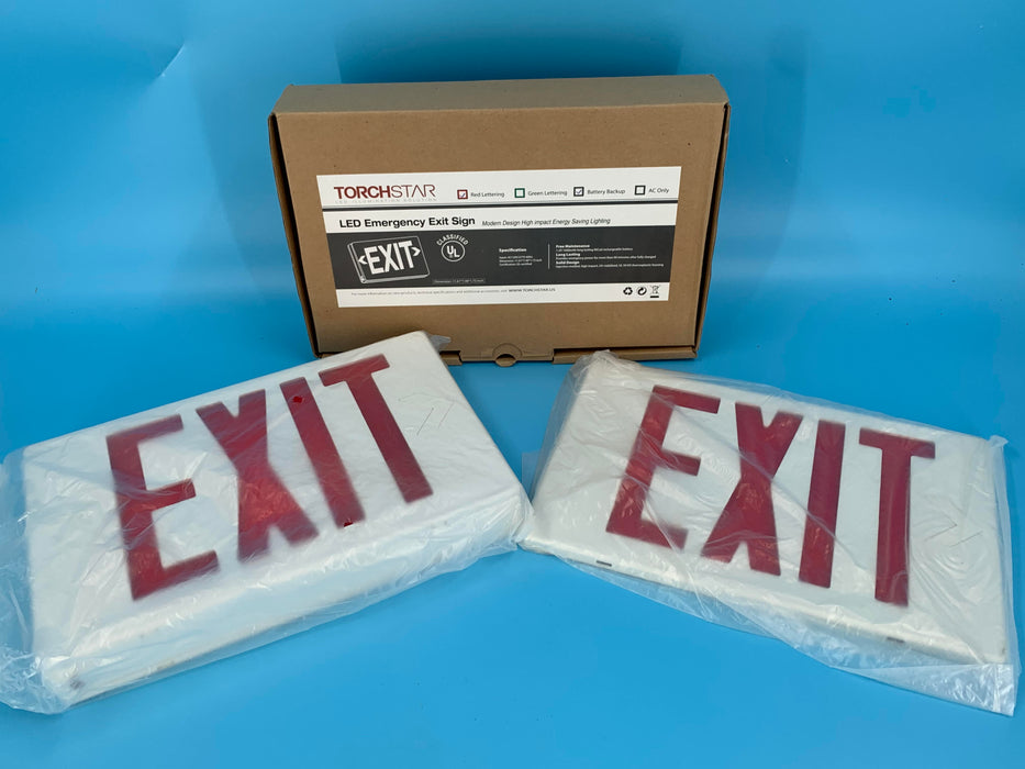 TORCHSTAR LED Emergency Exit Sign Red Lettering Battery Backup, AC120V/277V 60Hz