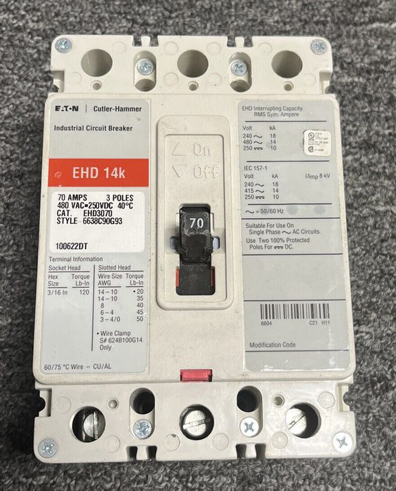 Eaton / Cutler Hammer EHD3070 3 Pole 70 Amp 480V Circuit Breaker