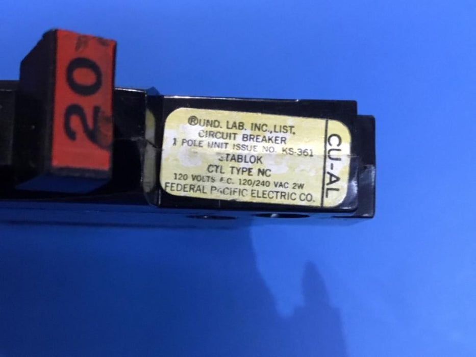 FEDERAL PACIFIC NC20, CTL TYPE NC, 1 POLE, 20AMP, CU-AL STAB-LOK CIRCUIT BREAKER