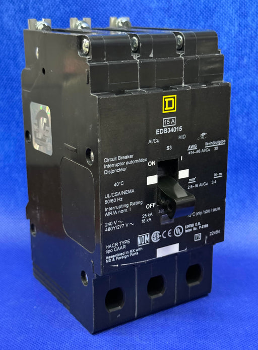 NEW SQUARE D 15 AMP BOLT ON CIRCUIT BREAKER 480Y/277 VAC 3 POLE EDB34015 - EcoTech Solutions Inc.