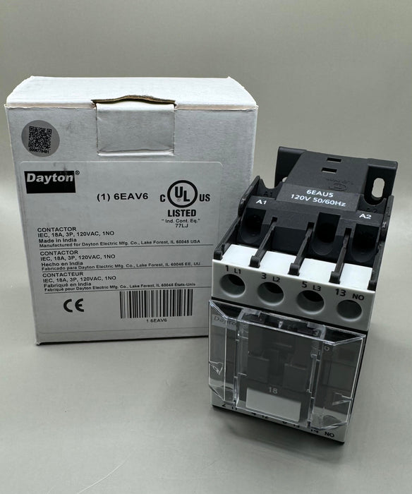 Dayton 6EAV6 Magnetic Contactor IEC, 18A, 3P, 120Vac, 1NO