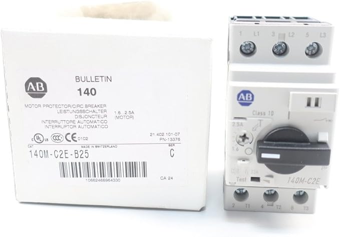 ALLEN BRADLEY 140M-C2E-B25 Circuit Breaker Motor Protection 1.6-2.5 AMP C Frame 3-Pole 600 VAC Standard Magnetic Trip Fixed at 13XLE DIN Rail Mount