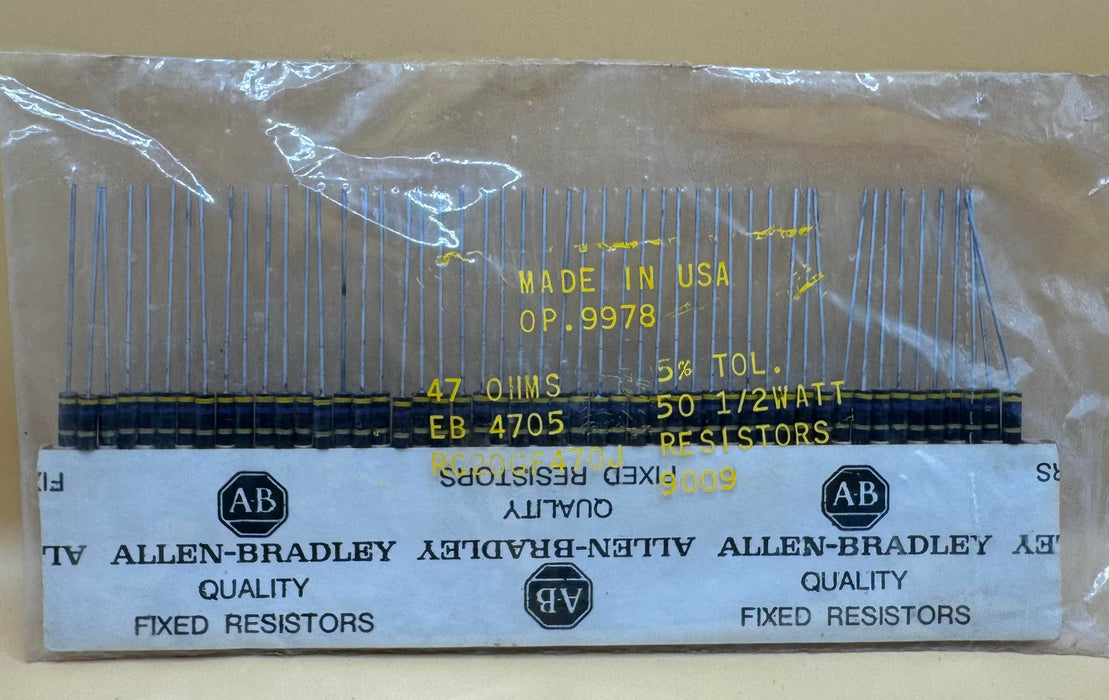 50 pieces Allen Bradley RC20GF470J Resistors 1/2 Watt 47 OHMS 5%