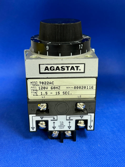 Agastat 7022AC Time Delay Relay 110/120VAC COIL 50/60HZ 1.5-15 SEC. RANGE (used)