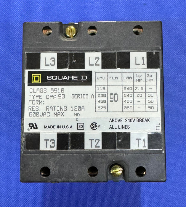 Pre-Owned Square D 8910DPA93V14 24V 90AMP 3POLE CONTACTOR