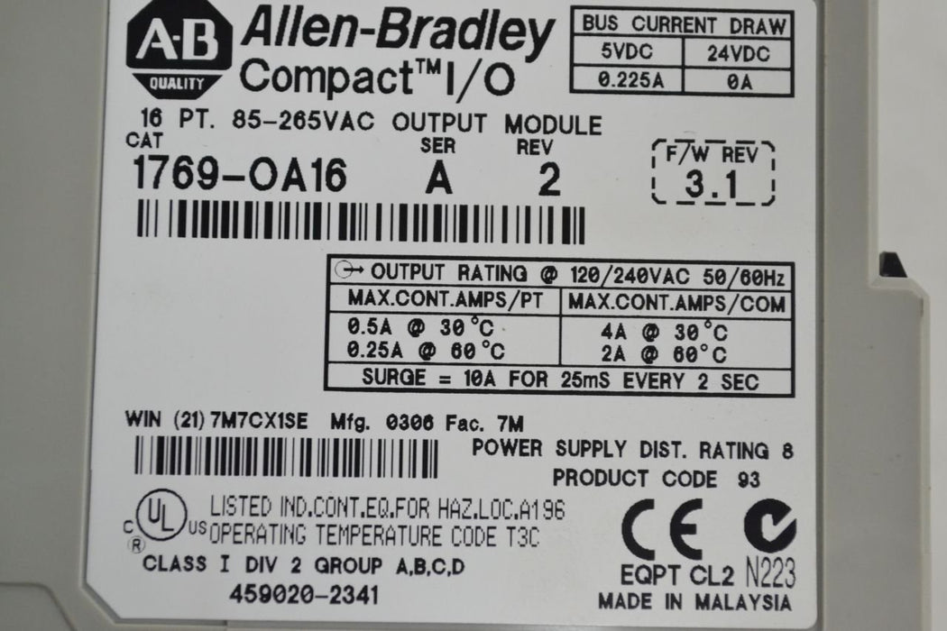 ALLEN BRADLEY 1769-OA16 COMPACT AC I/O OUTPUT MODULE SERIES A REV 2 B288224