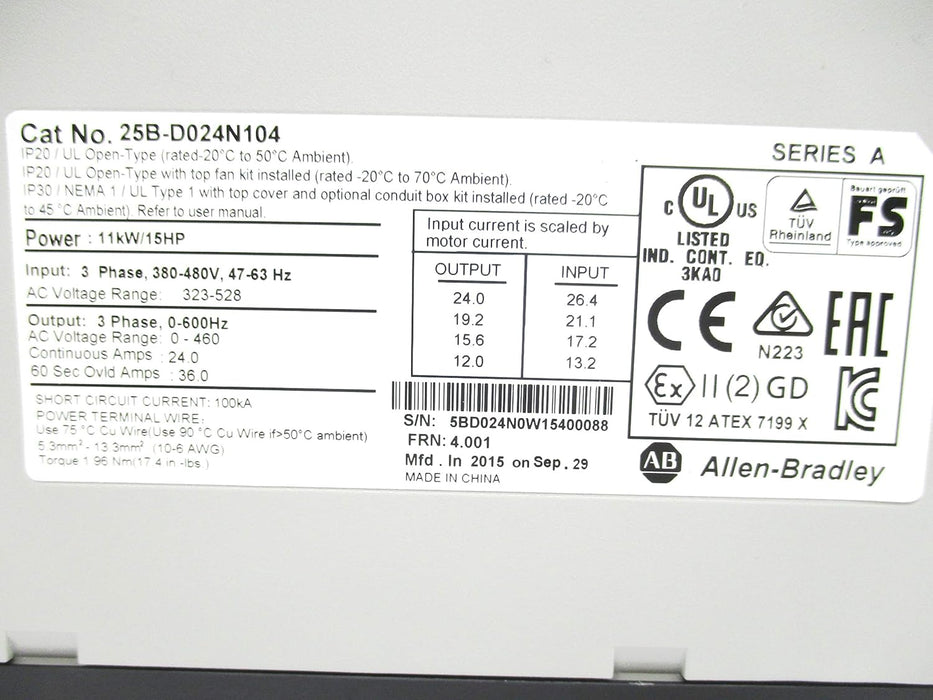 Allen Bradley Industrial MRO 25B-D024N104 SER. AF/W 4.001 323-528VAC 26.4A NSMP-OEM
