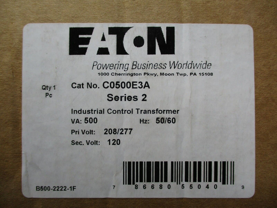 Eaton C0500E3A, Ser. 2, 500VA, 1P, Industrial Control Transformer- NEW- T1752