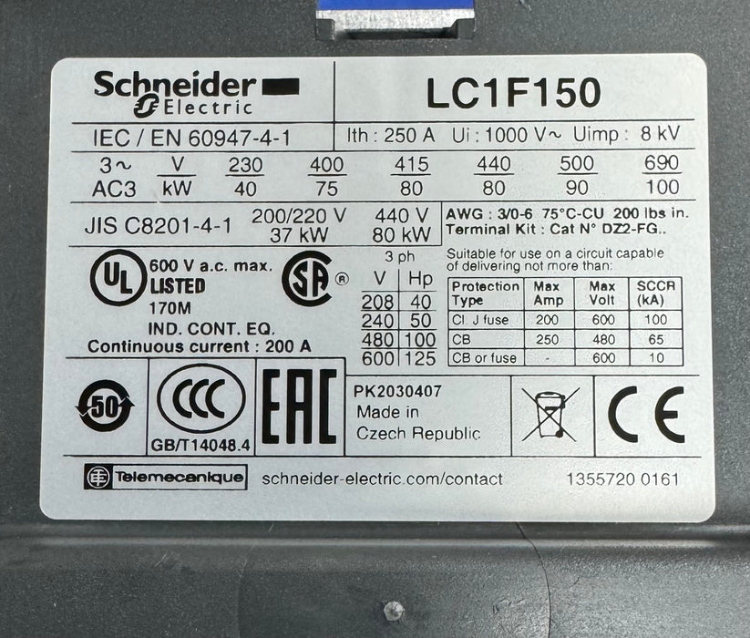 Schneider LC1F150 Contactor 3Pole 150Amp 440Vac w/ LX4FF024 Contactor Coil 24VDC