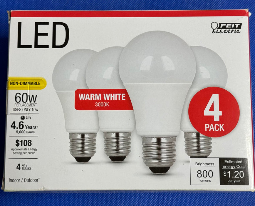 4pk FEIT Electric A19 Bulbs Warm White, 3000K 60W uses only 10W 800 lumens