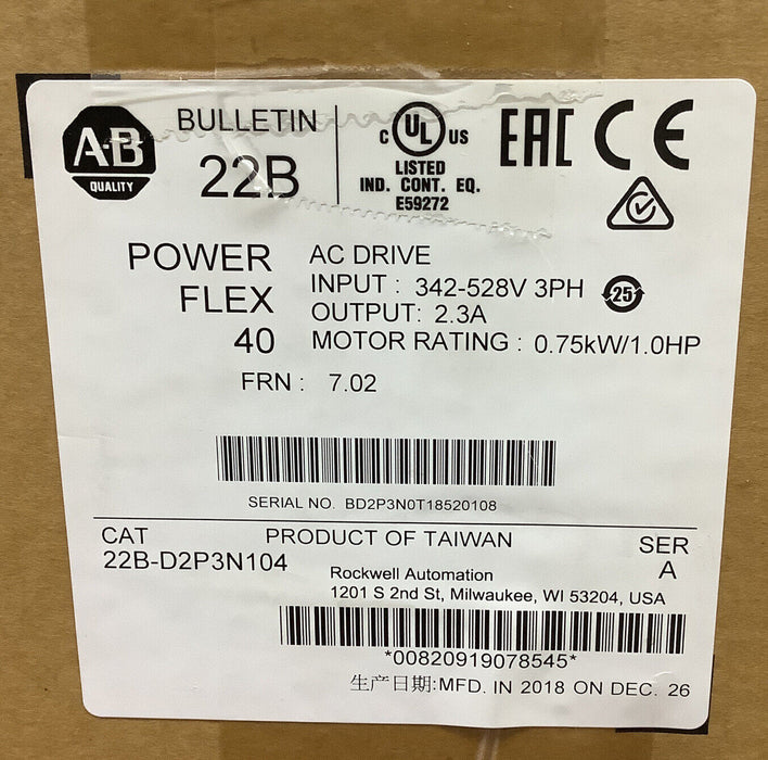 Allen-Bradley 25B-D2P3N104 PowerFlex 525 0.75kW 1Hp AC Drive