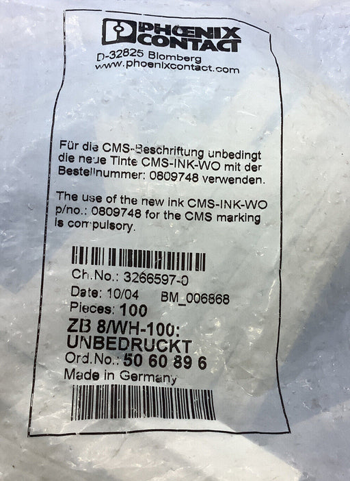 (100 pack) PHOENIX CONTACT ZB 8 UNBEDRUCKT TERMINAL BLOCK MARKER STRIP 5060896 - EcoTech Solutions Inc.