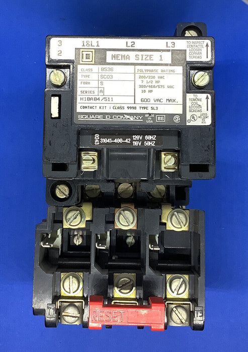 8536SC03S SQUARE D 3 POLE SIZE 1 COIL 120 CONTACTOR 600V