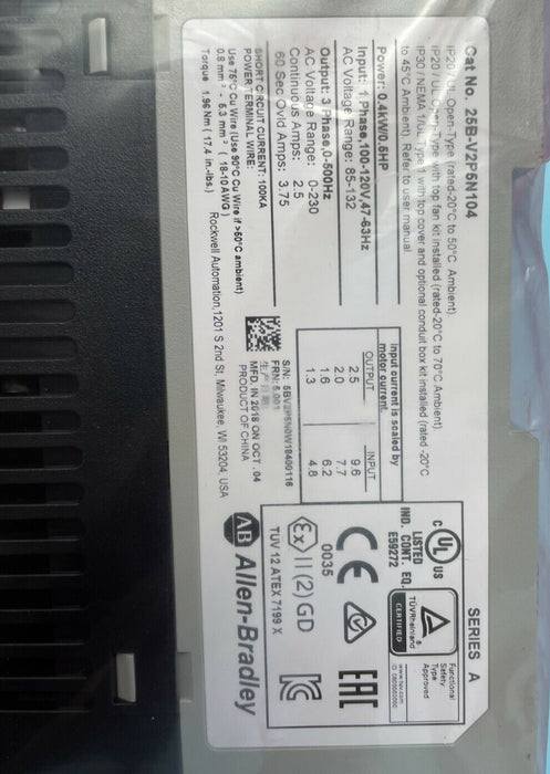 Copy of Allen Bradley 25B-V2P5N104 PowerFlex 525 AC Drive Variable 120VAC 0.5HP / 0.4kW (NFS)