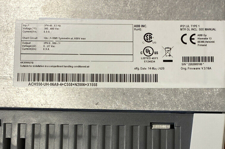 ABB ACH550-UH-06A9-4+C558+N2006+X1558 FW V.3.16A Variable Frequency Drive (USED)