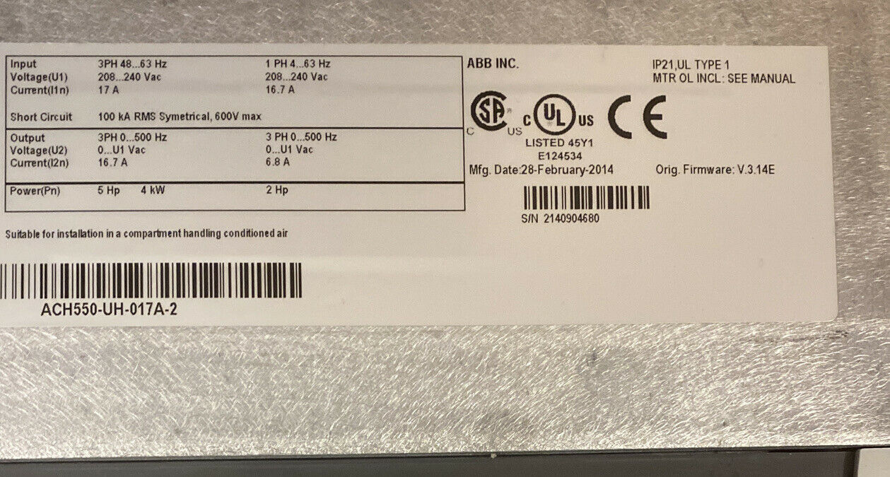 ABB DRIVE ACH550-UH-017A-2 5HP 208-240 VOLT