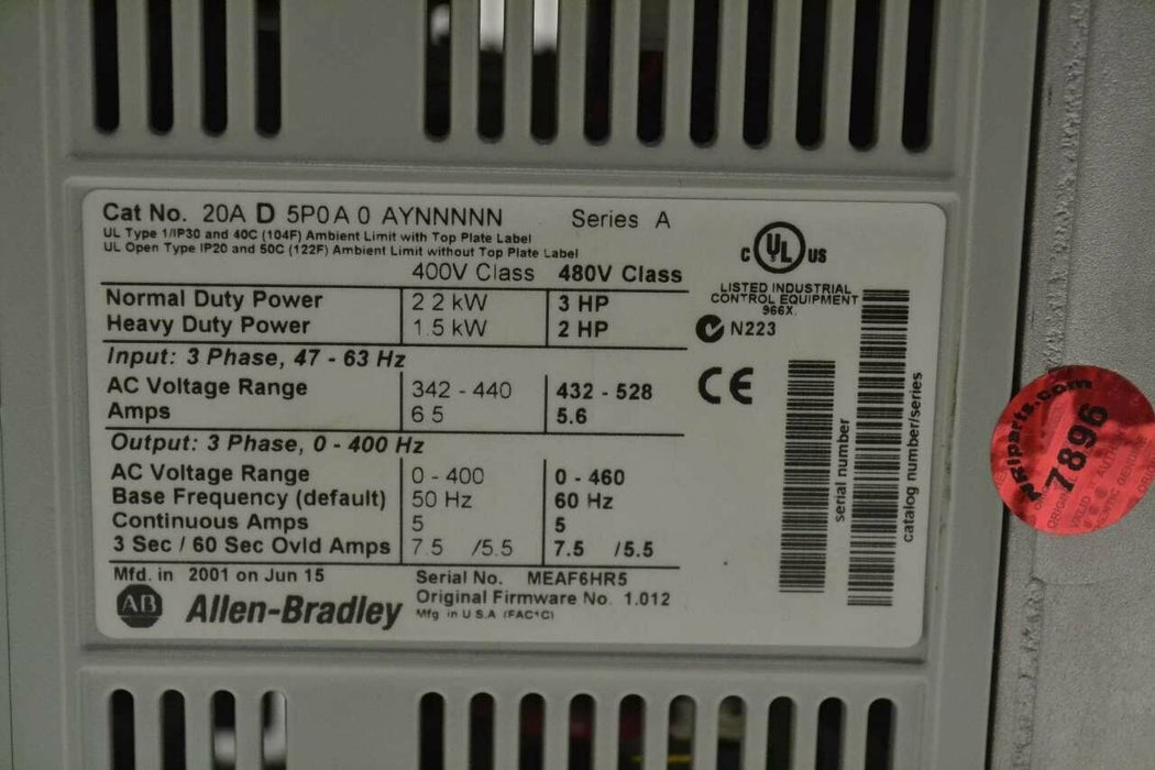 ALLEN BRADLEY 20AD5P0A0AYNNNNN POWERFLEX 70 A 3HP 528V-AC MOTOR DRIVE B380075