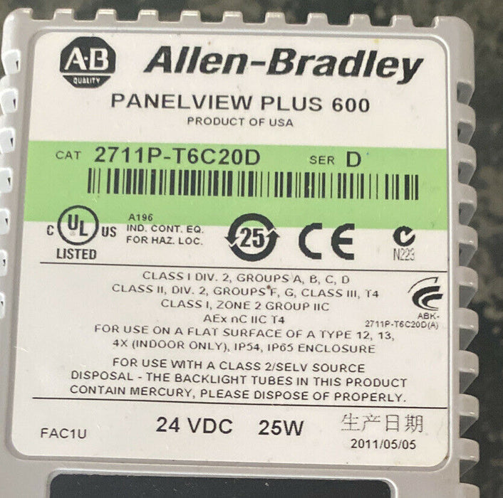 Allen Bradley 2711P-T6C20D Panelview Plus 600 Touch Screen Ser D (Used)