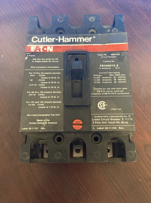 Cutler Hammer FS340015A, 15 AMP 3 POLE 480 VOLT Circuit Breaker