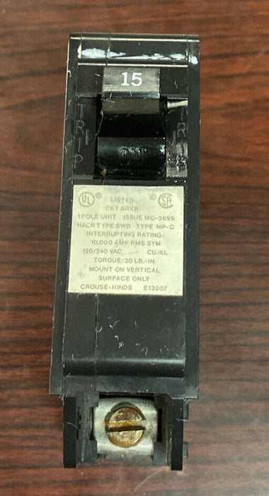 MURRAY CROUSE HINDS 15A 15AMP 120V 1 POLE CIRCUIT BREAKER MP115, MG-3695, E13207