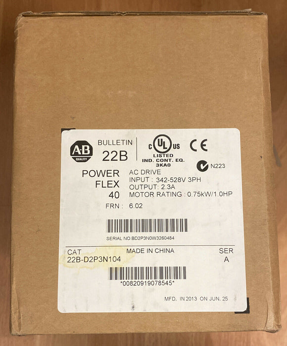 Allen Bradley Powerflex 4022bd2p3n104 480vac 1hp Cat. 22b-d2p3n104