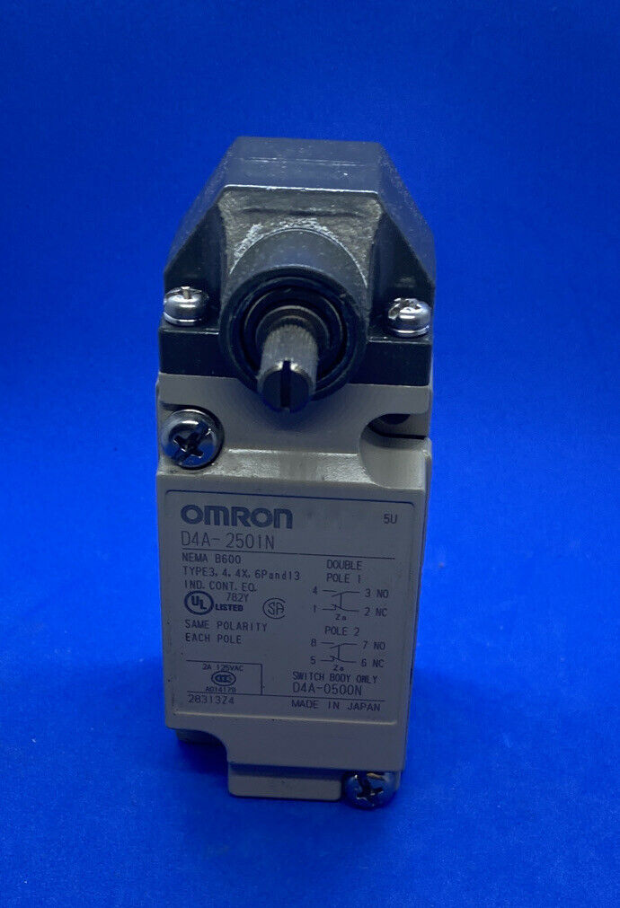 Omron D4A-2501-N General Purpose Limit Switch Roller Lever Standard Type Simultaneous Operation 1/2-14 NPT Conduit Size Double Pole Double Throw Double Break