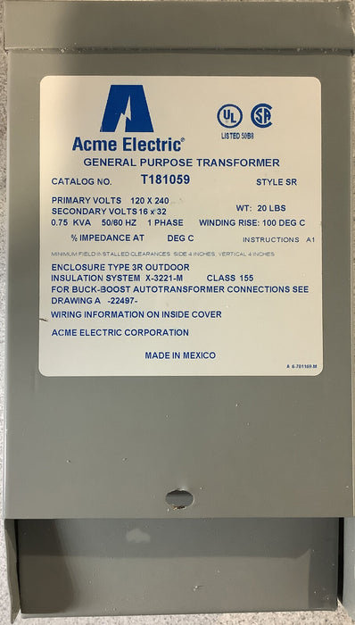 Acme Electric T181059 General Purpose Transformer, .75kVA, 120/240V